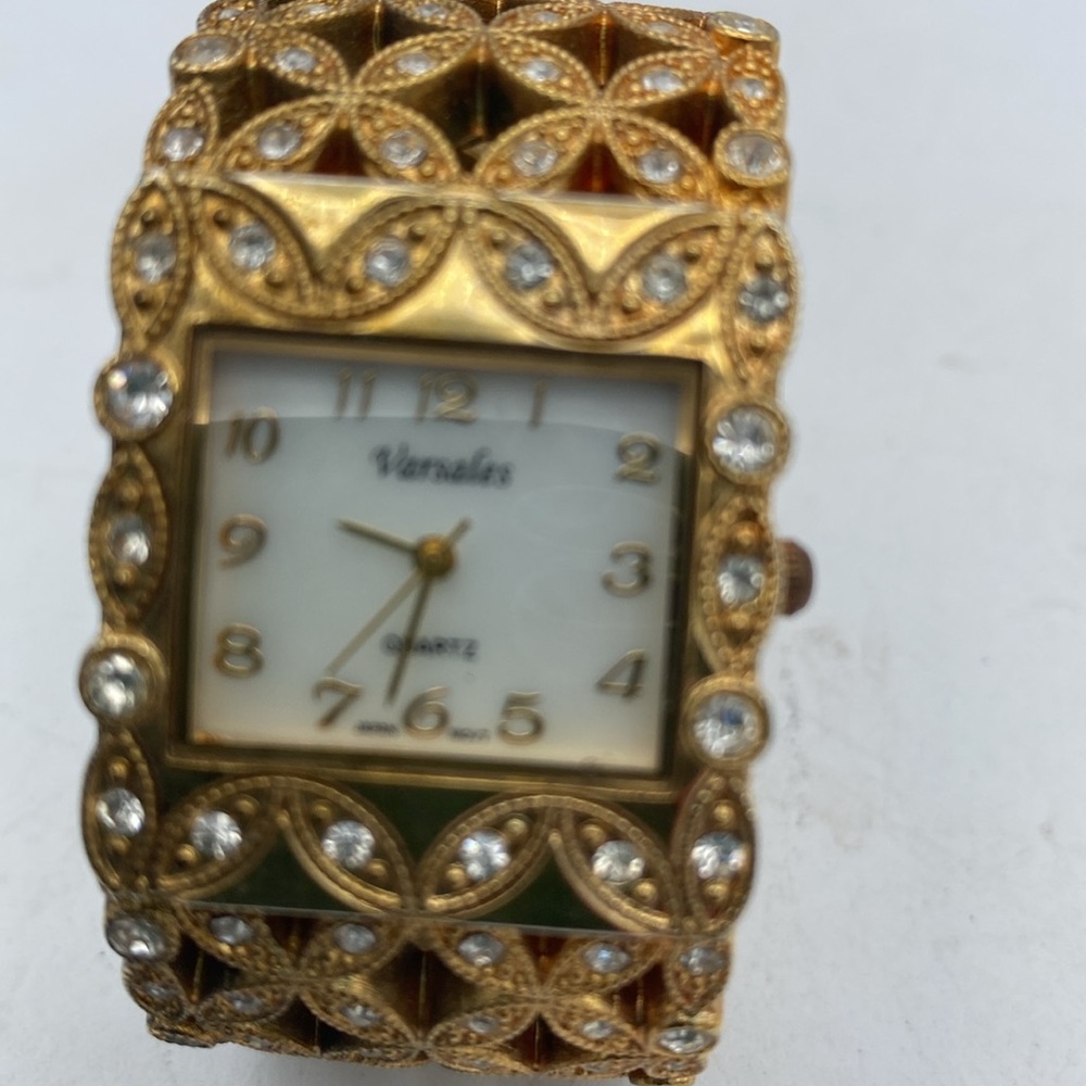 Varsales goldtone floral Lace encrusted w/ rhinestones Square Face cuff watch
